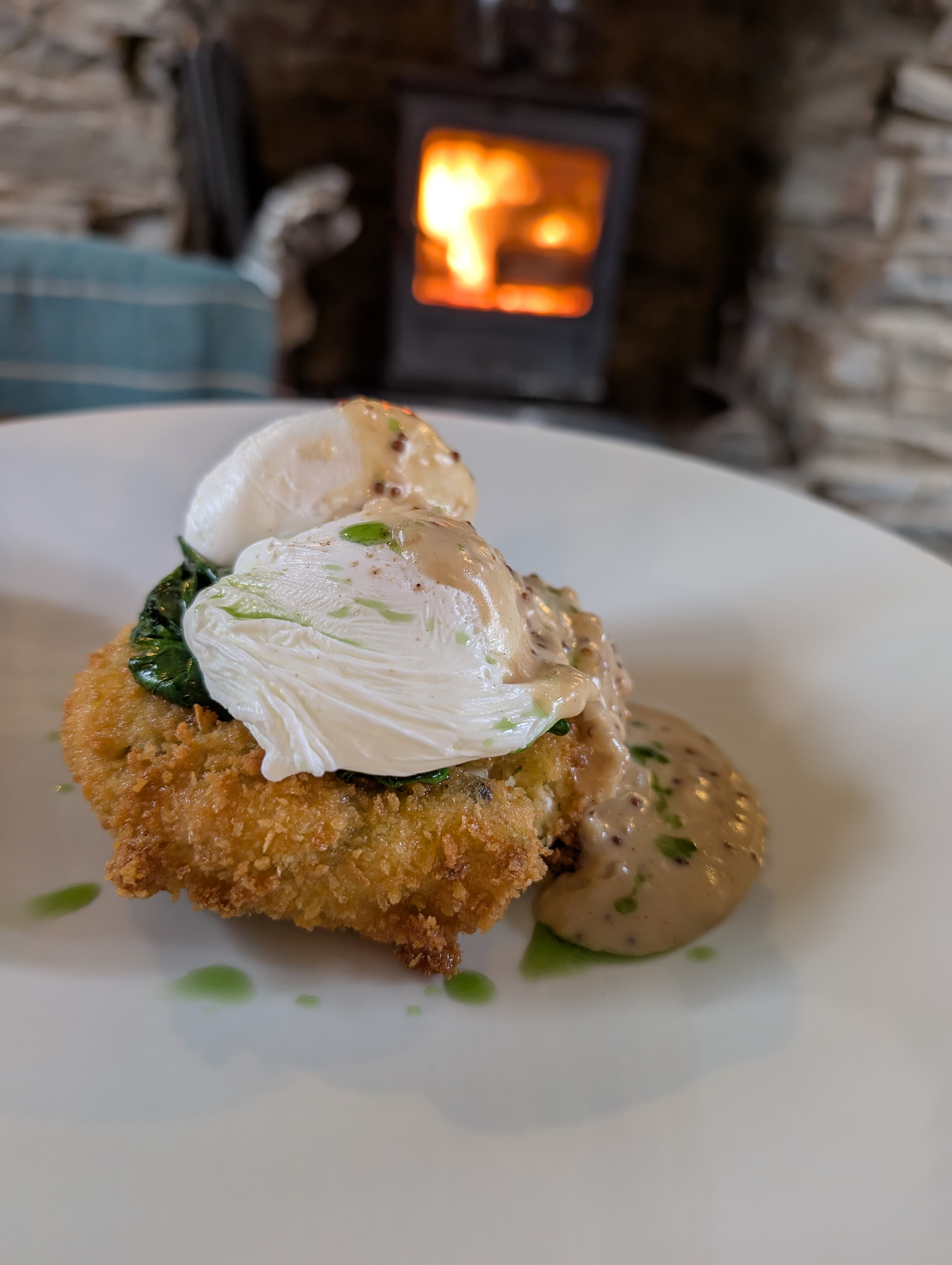 Poached eggs on toasted potato cake