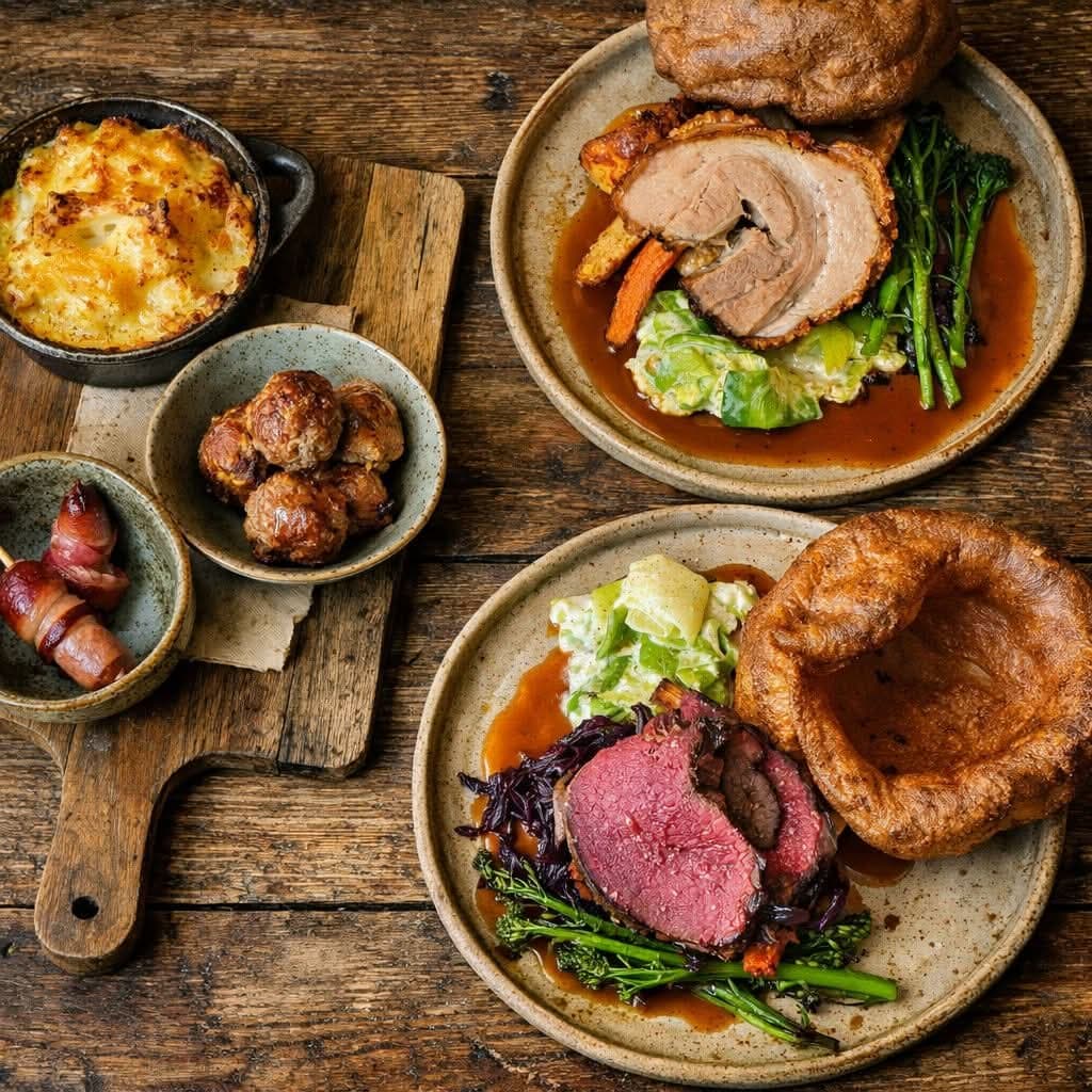 Selection of roast dinners with traditional trimmings