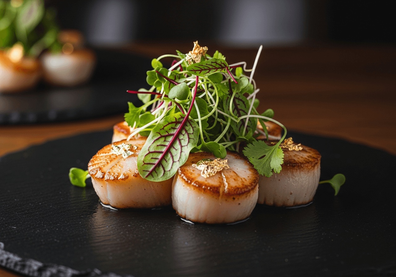 Freshly caught coastal scallops plated at the White Horse Inn