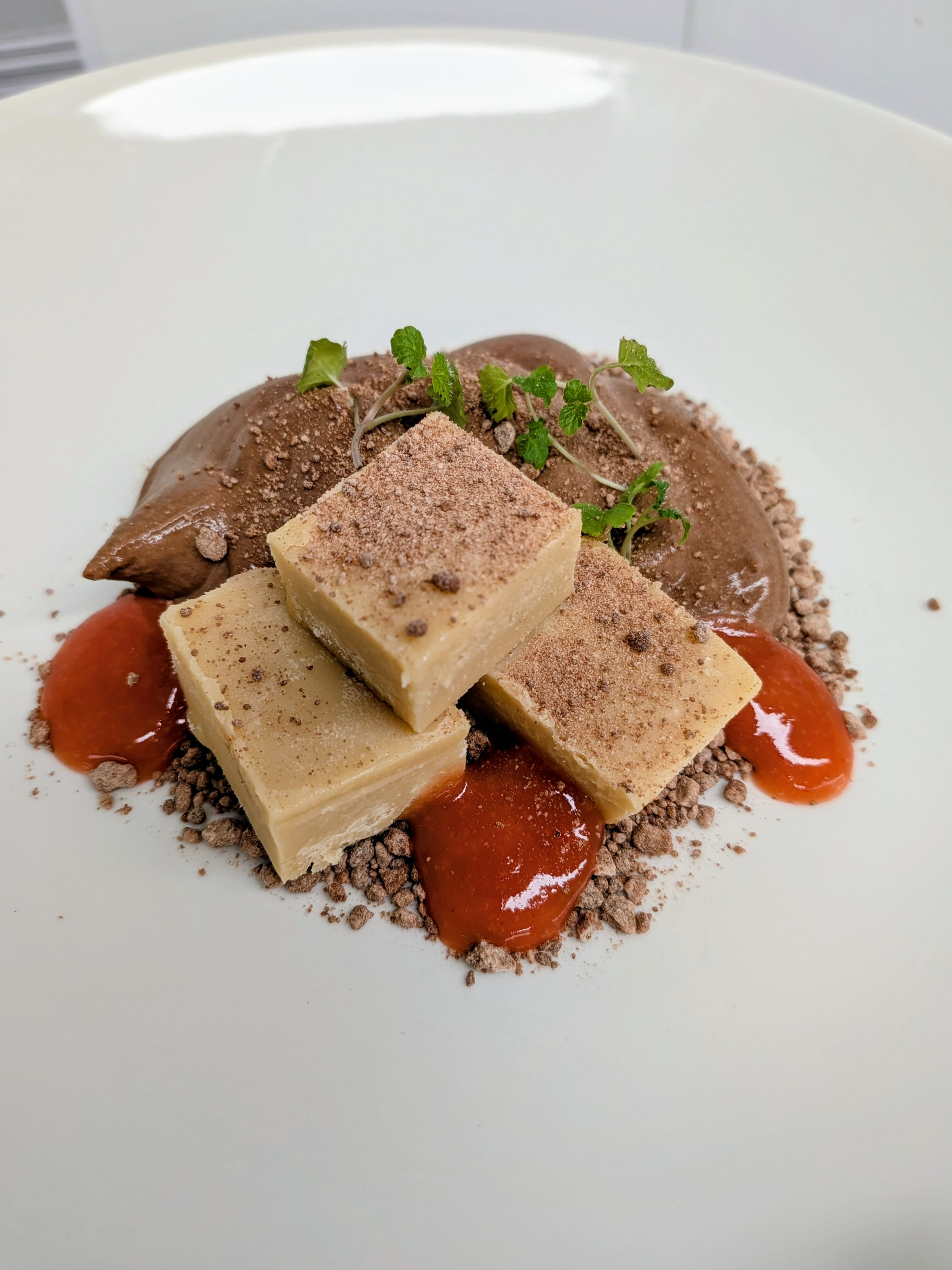 Chocolate cremeux with Baileys fudge and chocolate crumb at the White Horse Inn Launceston