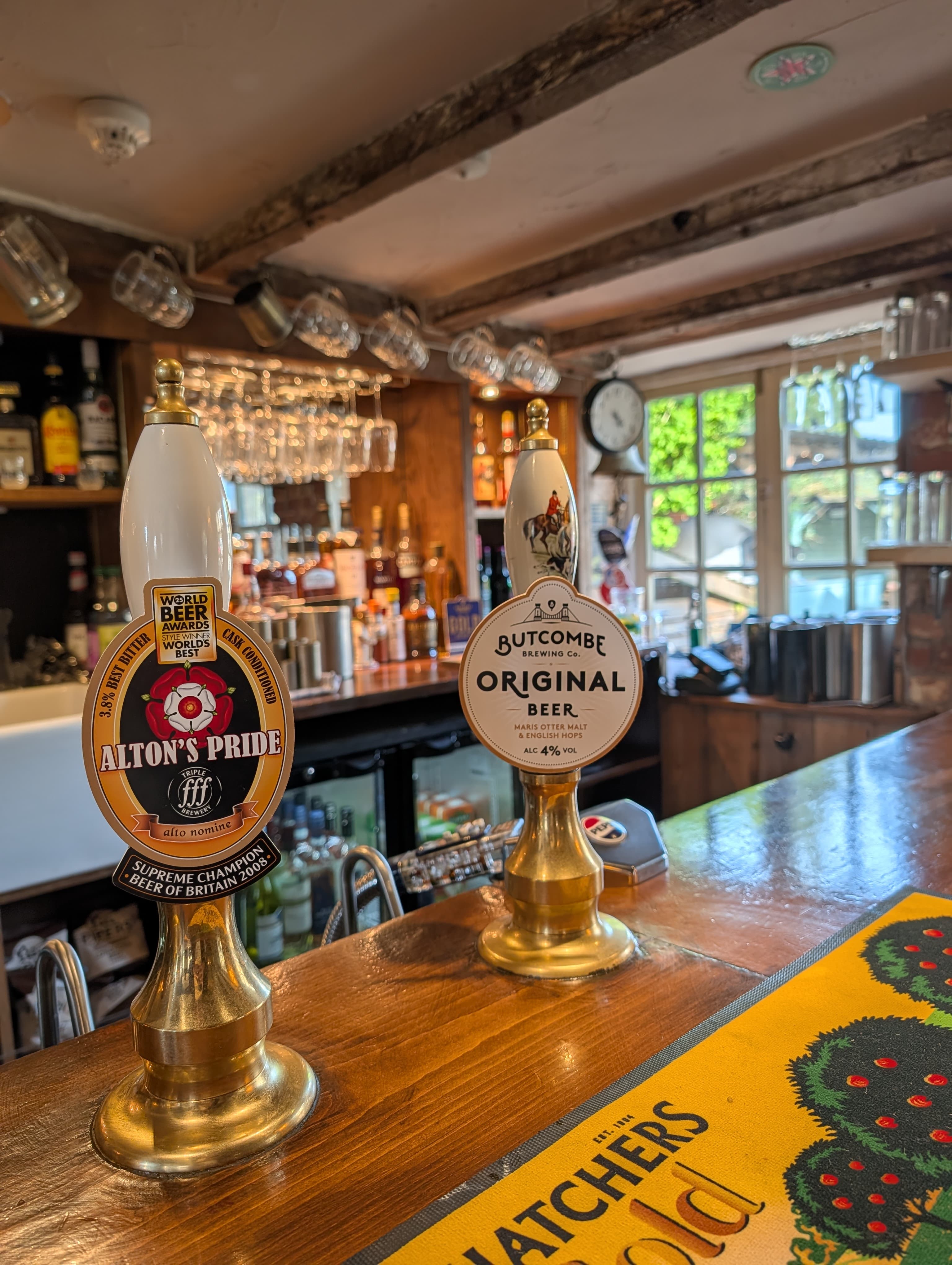 Beer tap handles at the White Horse Inn Launceston